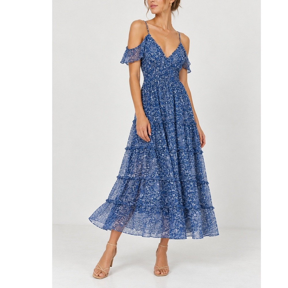 MISA Los Angeles Elodie Maxi Dress Women's XS Blue White Floral Romantic Ruffle